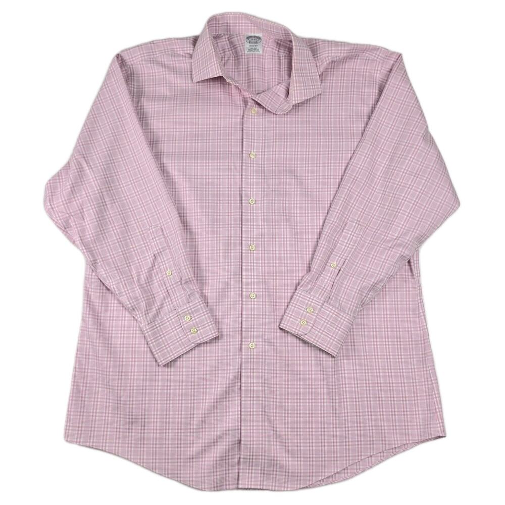 Brooks Brothers Dress Shirt Mens 17-33 Pink/White Check Regent No Iron Stretch